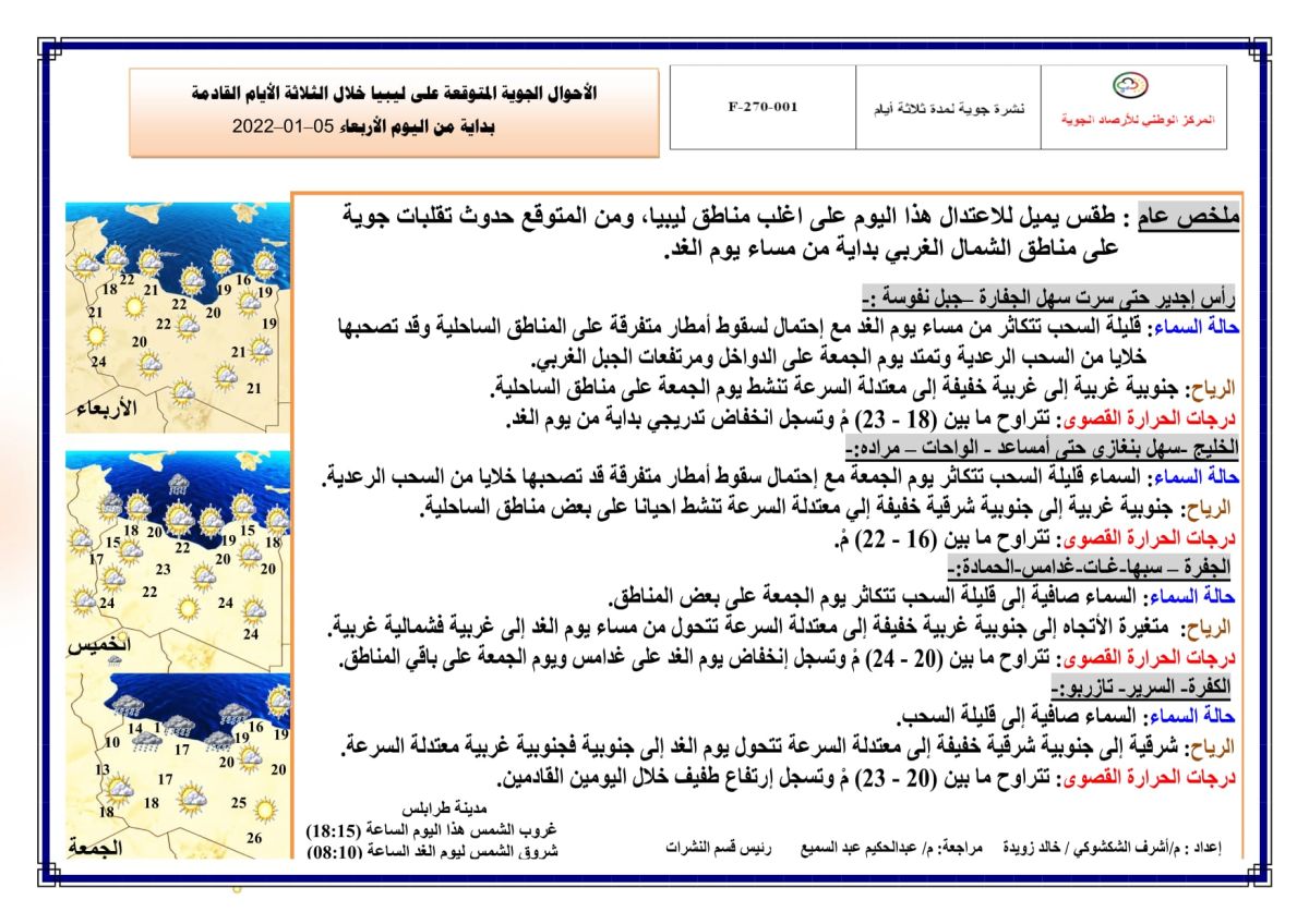 النشرة الجوية ليوم الإربعاء الموافق 05 – 01 – 2022 الصادرة عن المركز الوطني للأرصاد الجوية