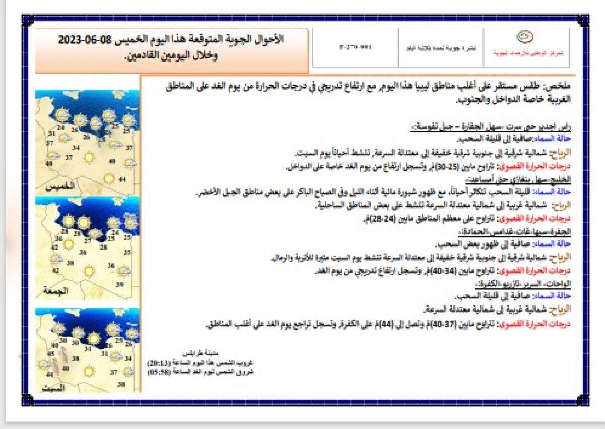 النشرة الجوية ليوم الخميس الموافق 08 – 06 – 2023 الصادرة عن المركز الوطني للأرصاد الجوية