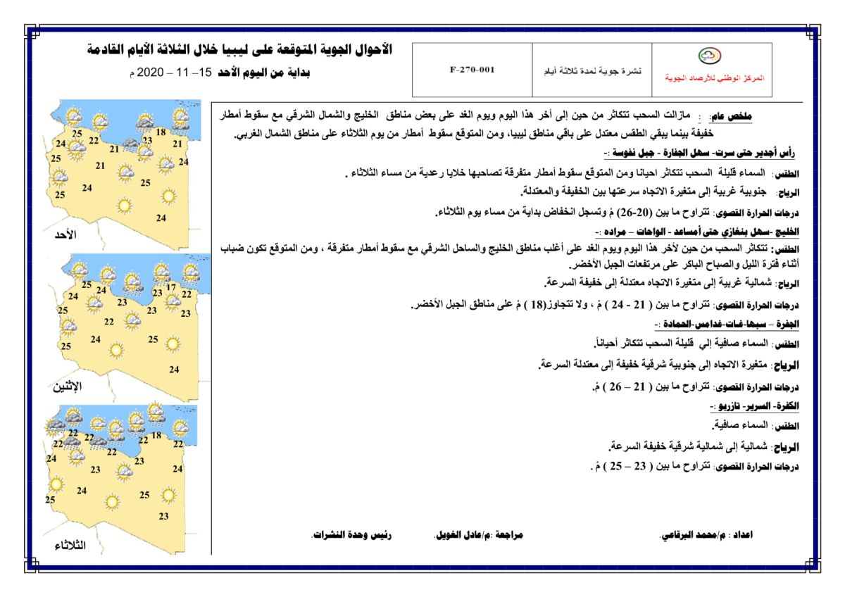 النشرة الجوية ليوم الأحد الموافق 15 – 11 – 2020 الصادرة عن المركز الوطني للأرصاد الجوية