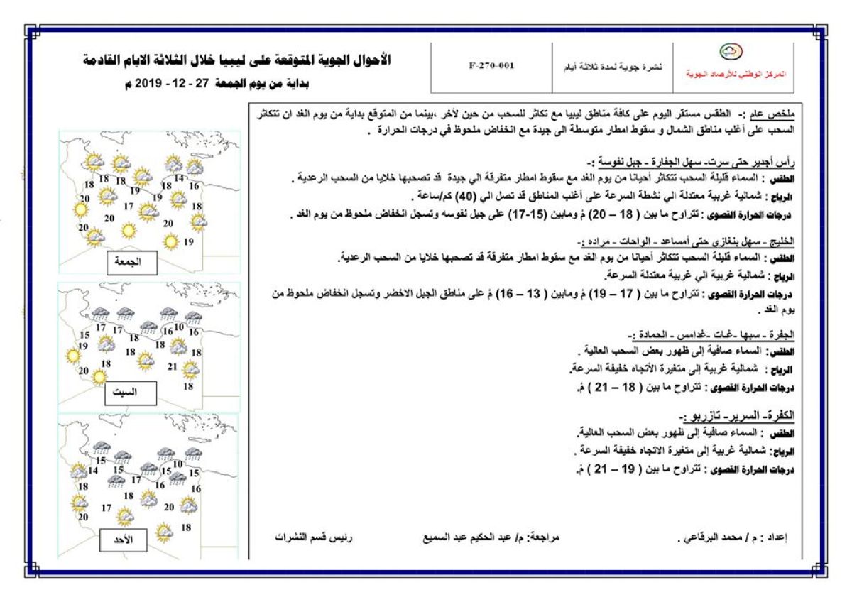 النشرة الجوية ليوم الجمعة الموافق 27 – 12 – 2019 الصادرة عن المركز الوطني للأرصاد الجوية