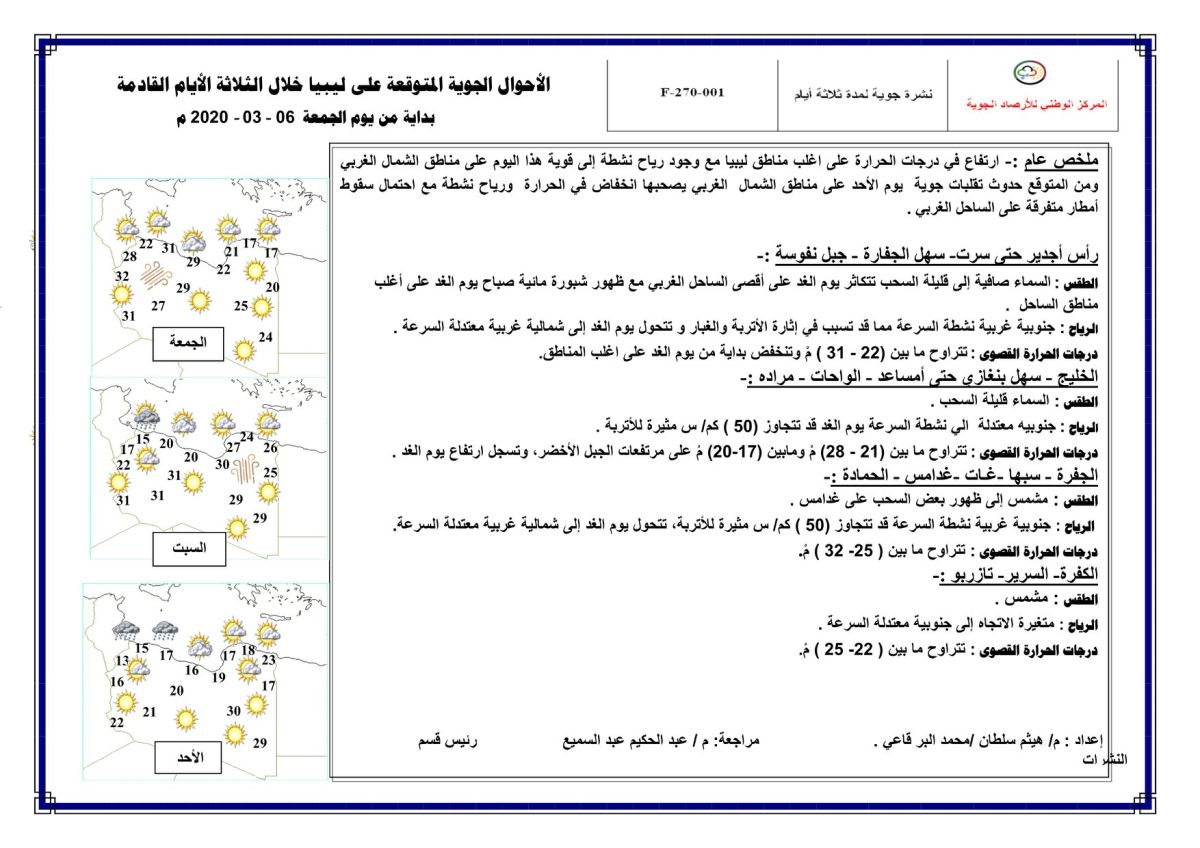 النشرة الجوية ليوم الجمعة الموافق 06 – 03 – 2020 الصادرة عن المركز الوطني للأرصاد الجوية