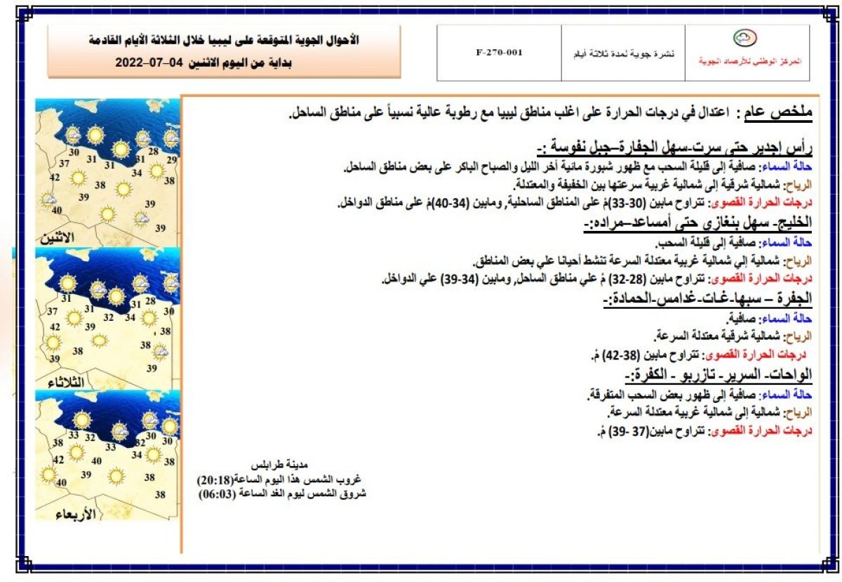 النشرة الجوية ليوم الاثنين الموافق 04– 07 – 2022 الصادرة عن المركز الوطني للأرصاد الجوية