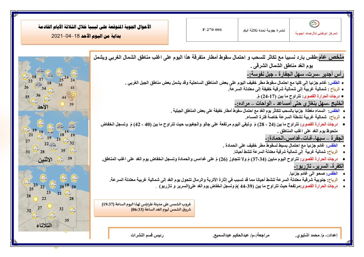 النشرة الجوية ليوم الأحد الموافق 18 – 04 – 2021 الصادرة عن المركز الوطني للأرصاد الجوية