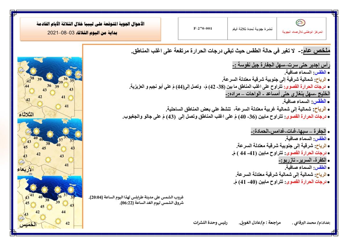 النشرة الجوية ليوم الثلاثاء الموافق 03 – 08 – 2021 الصادرة عن المركز الوطني للأرصاد الجوية