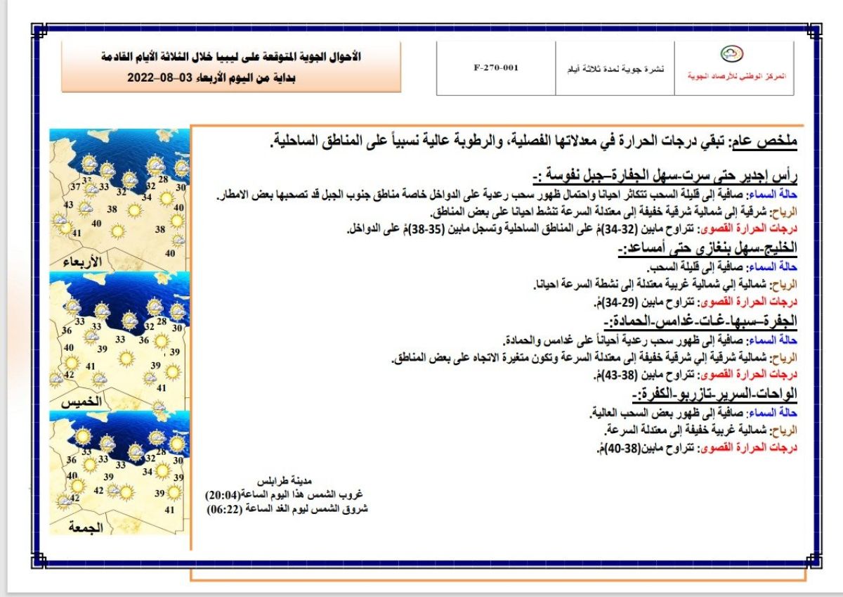 النشرة الجوية ليوم الإربعاء الموافق 03 – 08 – 2022 الصادرة عن المركز الوطني للأرصاد الجوية