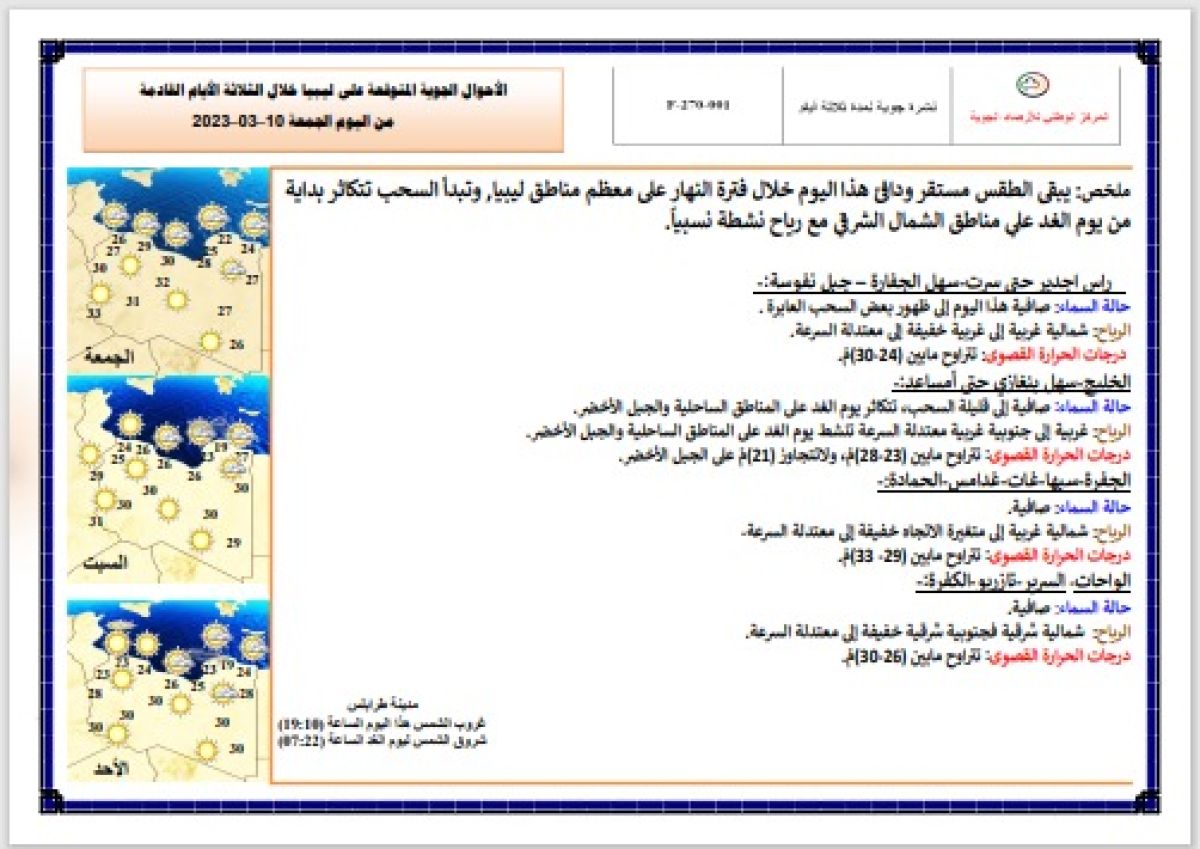 النشرة الجوية ليوم الجمعة الموافق 10– 03 – 2023 الصادرة عن المركز الوطني للأرصاد الجوية