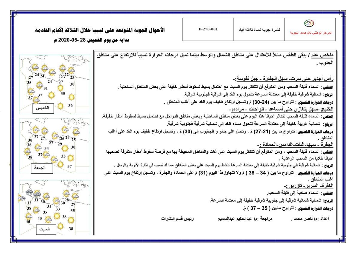 النشرة الجوية ليوم الخميس الموافق 28 – 05 – 2020 الصادرة عن المركز الوطني للأرصاد الجوية