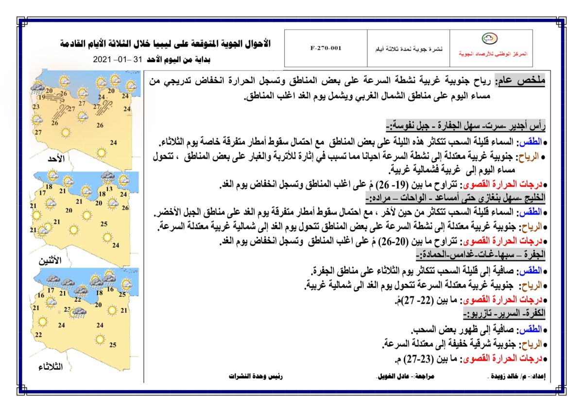 النشرة الجوية ليوم الأحد الموافق 31 – 01 – 2021 الصادرة عن المركز الوطني للأرصاد الجوية