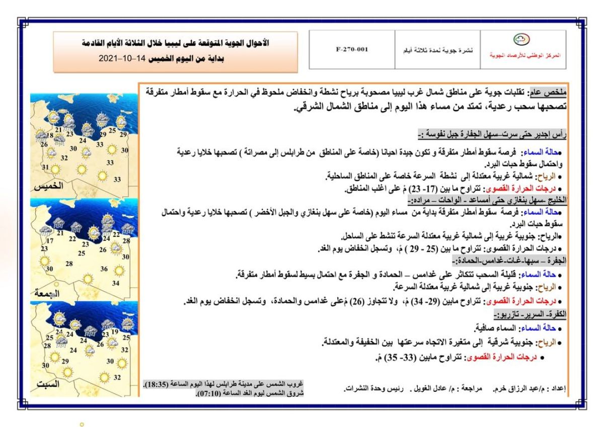 النشرة الجوية ليوم الخميس عاء الموافق 14– 10 – 2021 الصادرة عن المركز الوطني للأرصاد الجوية