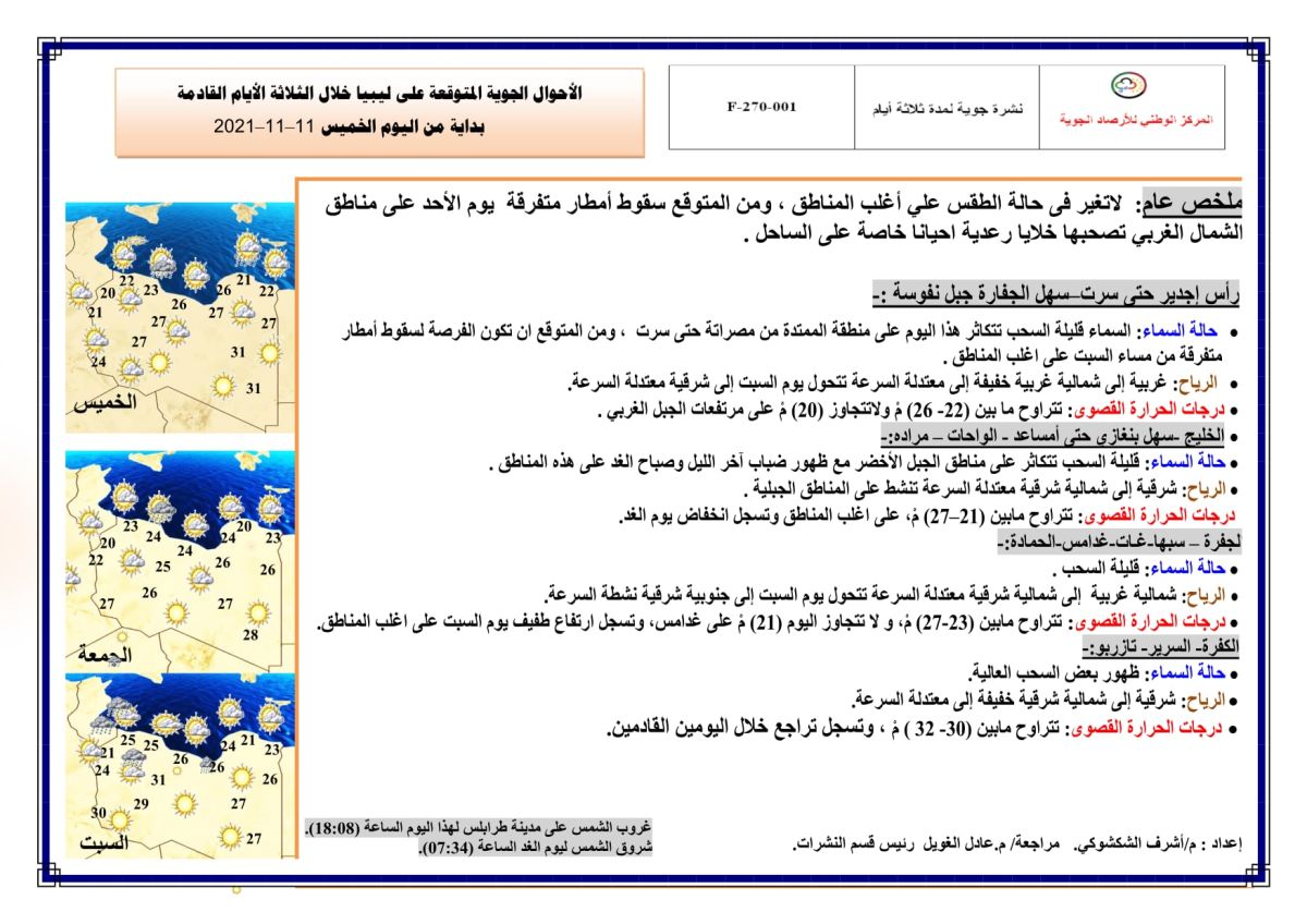 النشرة الجوية ليوم الخميس الموافق 11 – 11 – 2021 الصادرة عن المركز الوطني للأرصاد الجوية