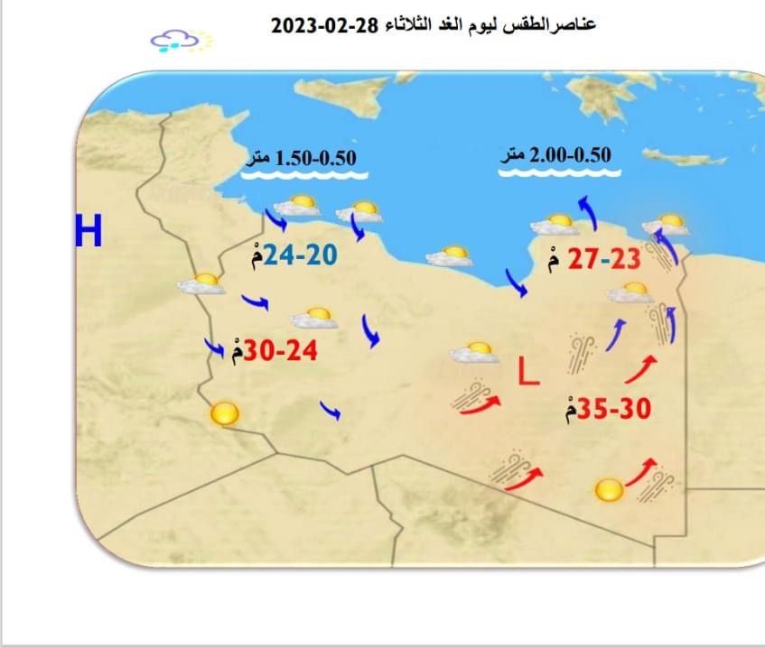 النشرة الجوية ليوم الاثنين الموافق 27 – 02 – 2023 الصادرة عن المركز الوطني للأرصاد الجوية