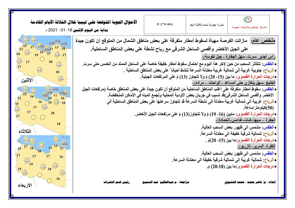 النشرة الجوية ليوم الاثنين الموافق 18 – 01 – 2021 الصادرة عن المركز الوطني للأرصاد الجوية 1 النشرة الجوية ليوم الاثنين الموافق 18 – 01 – 2021 الصادرة عن المركز الوطني للأرصاد الجوية