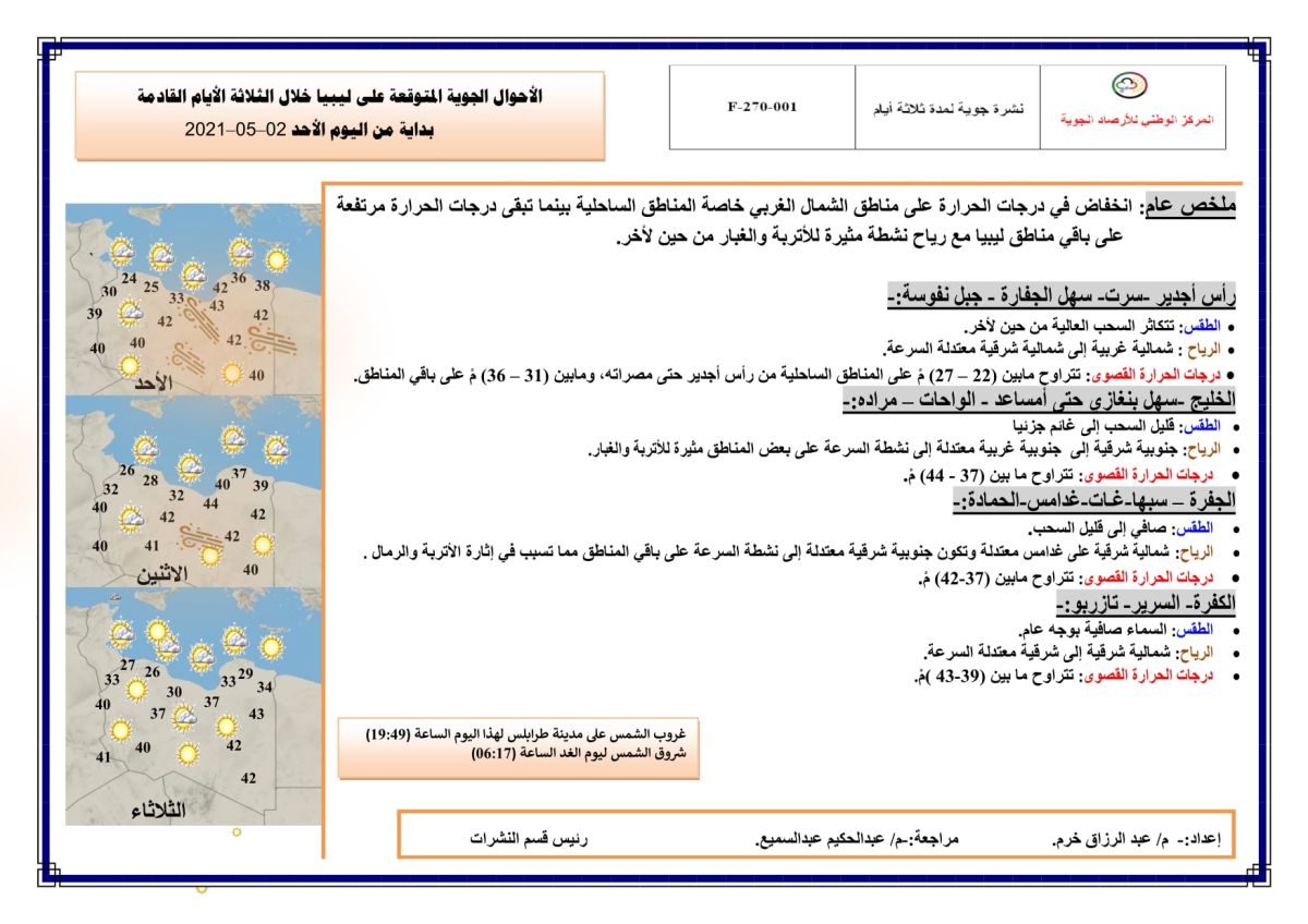 النشرة الجوية ليوم الأحد الموافق 02 – 05 – 2021 الصادرة عن المركز الوطني للأرصاد الجوية