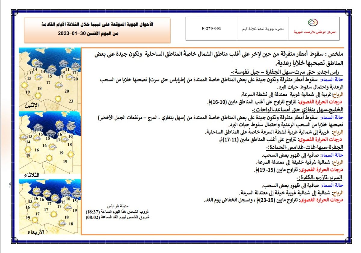 النشرة الجوية ليوم الاثنين الموافق 30– 01 – 2023 الصادرة عن المركز الوطني للأرصاد الجوية