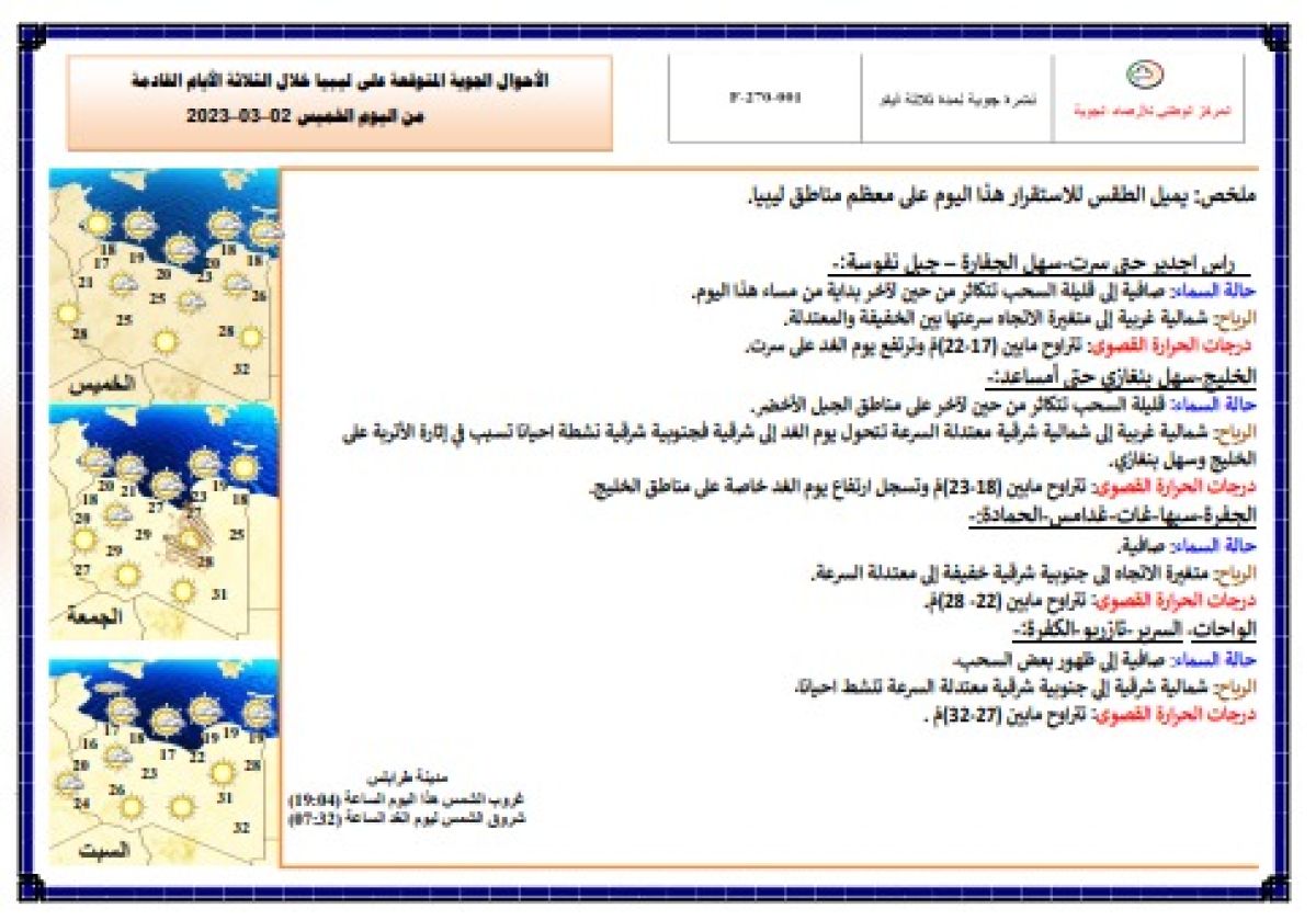 النشرة الجوية ليوم الخميس الموافق 02 – 03 – 2023 الصادرة عن المركز الوطني للأرصاد الجوية