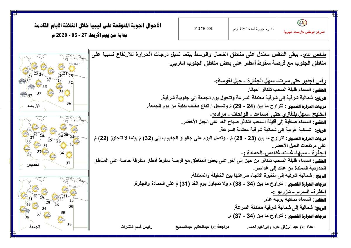 النشرة الجوية ليوم الإربعاء الموافق 27 – 05 – 2020 الصادرة عن المركز الوطني للأرصاد الجوية