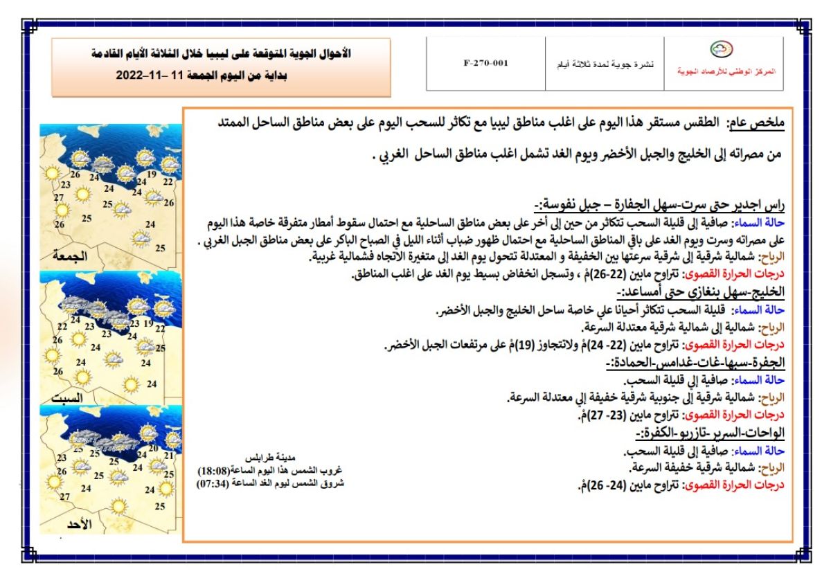 النشرة الجوية ليوم الجمعة الموافق 11 – 11 – 2022 الصادرة عن المركز الوطني للأرصاد الجوية