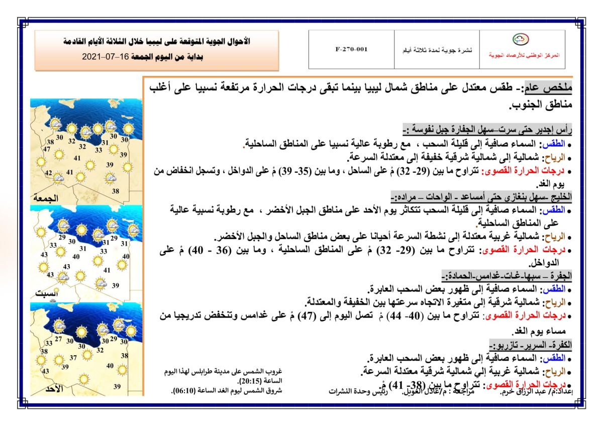 النشرة الجوية ليوم الجمعة الموافق 16 – 07 – 2021 الصادرة عن المركز الوطني للأرصاد الجوية