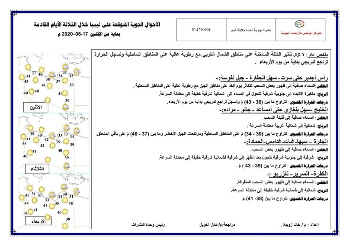 النشرة الجوية ليوم الاثنين الموافق 17 – 08 – 2020 الصادرة عن المركز الوطني للأرصاد الجوية