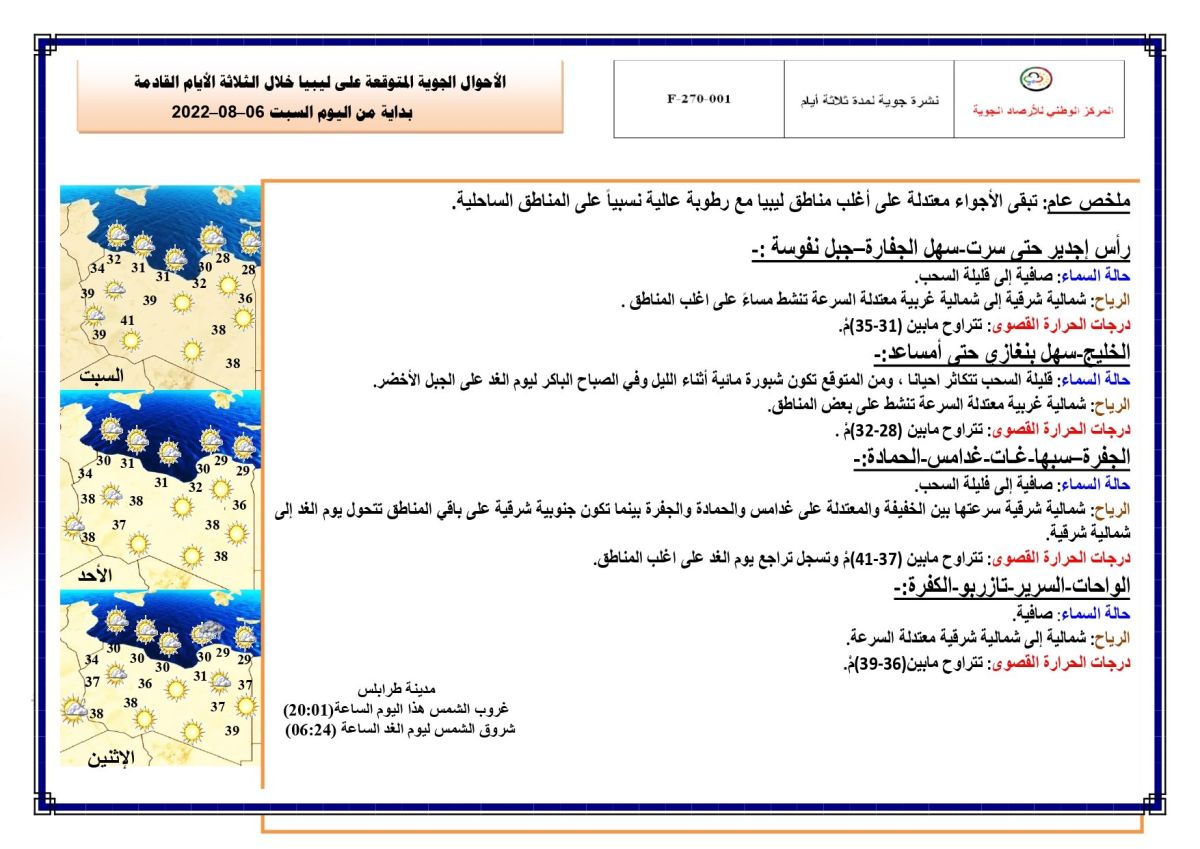 النشرة الجوية ليوم السبت الموافق 06 – 08 – 2022 الصادرة عن المركز الوطني للأرصاد الجوية