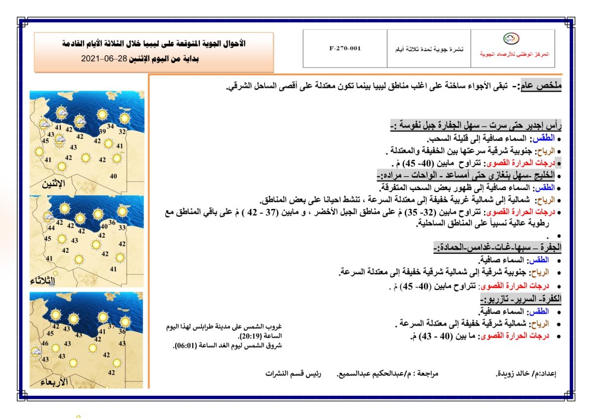 النشرة الجوية ليوم الاثنين الموافق 28 – 06 – 2021 الصادرة عن المركز الوطني للأرصاد الجوية