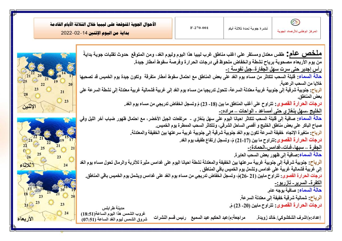 النشرة الجوية ليوم الاثنين الموافق 14 – 02 – 2022 الصادرة عن المركز الوطني للأرصاد الجوية