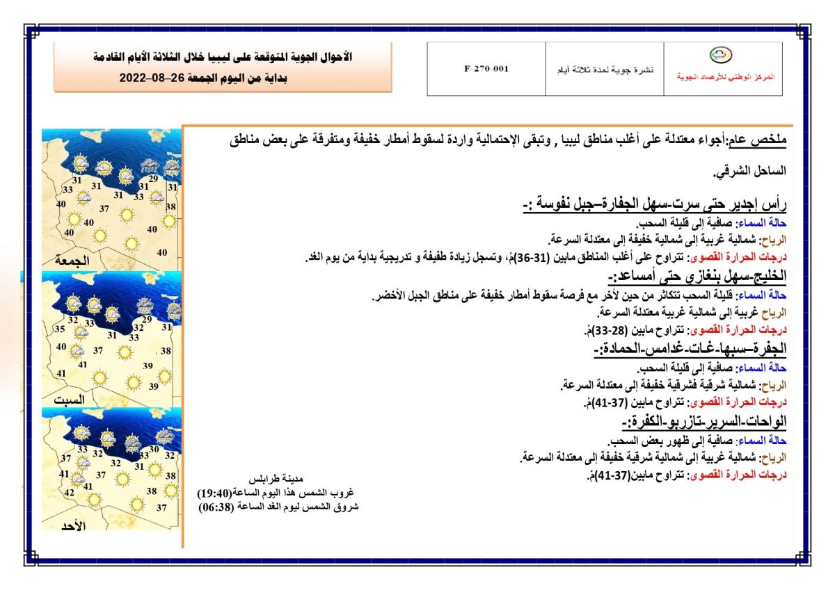 النشرة الجوية ليوم الجمعة الموافق 26 – 08 – 2022 الصادرة عن المركز الوطني للأرصاد الجوية