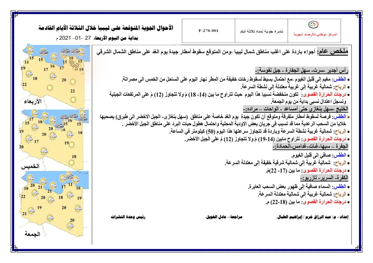 النشرة الجوية ليوم الإربعاء الموافق 27 – 01 – 2021 الصادرة عن المركز الوطني للأرصاد الجوية