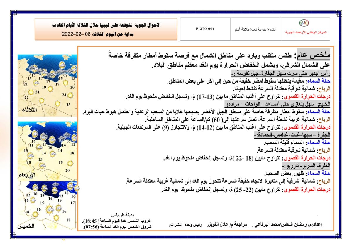 النشرة الجوية ليوم الثلاثاء الموافق 08 – 02 – 2022 الصادرة عن المركز الوطني للأرصاد الجوية