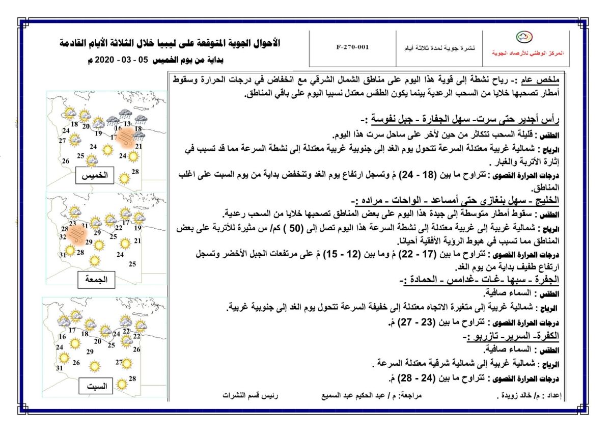 النشرة الجوية ليوم الخميس الموافق 05 – 03 – 2020 الصادرة عن المركز الوطني للأرصاد الجوية