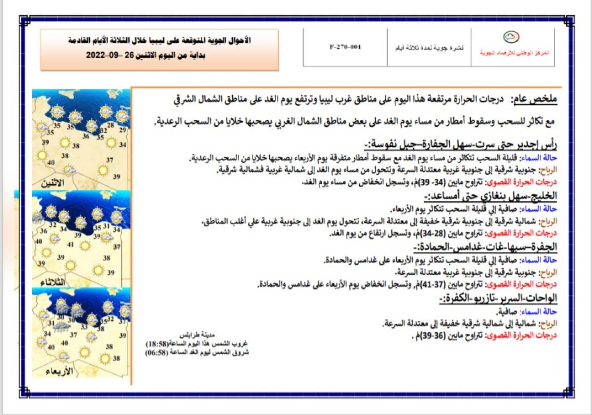 النشرة الجوية ليوم الاثنين الموافق 26 – 09 – 2022 الصادرة عن المركز الوطني للأرصاد الجوية