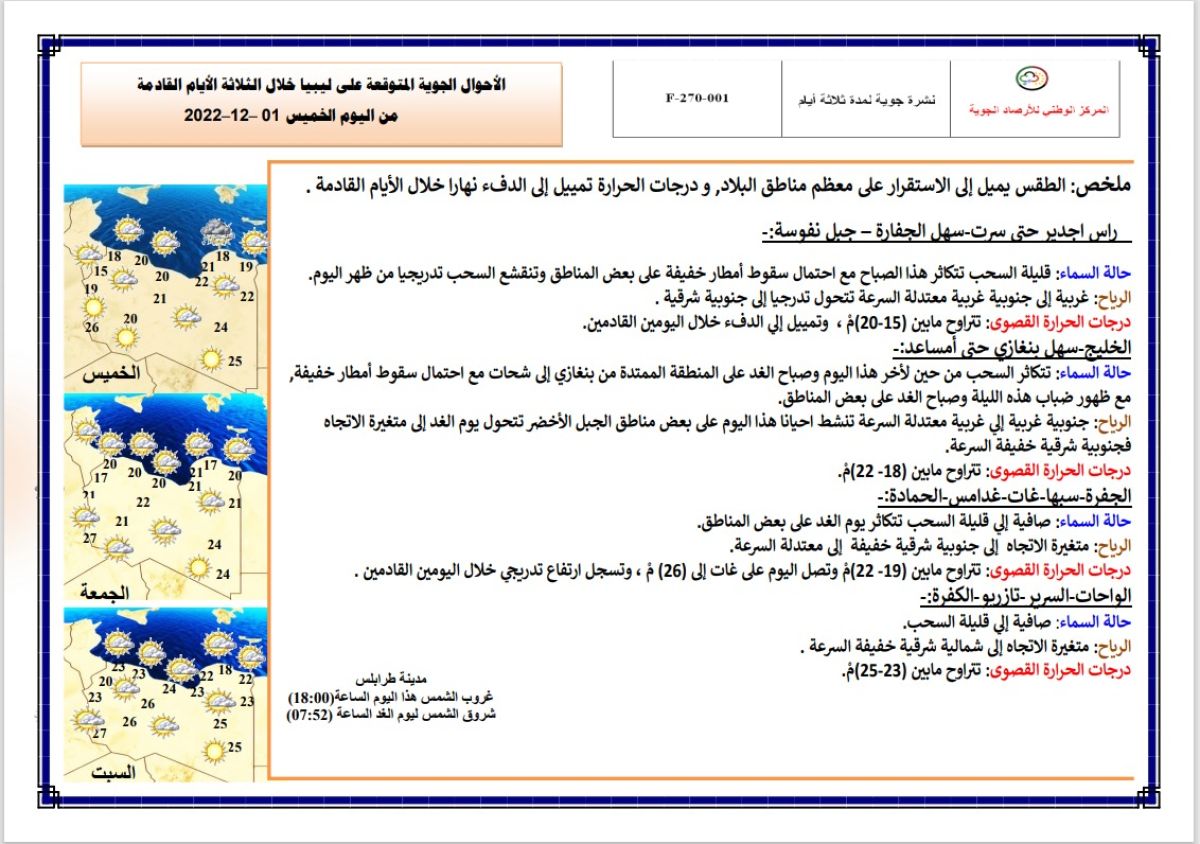 النشرة الجوية ليوم الخميس الموافق 01 – 12 – 2022 الصادرة عن المركز الوطني للأرصاد الجوية