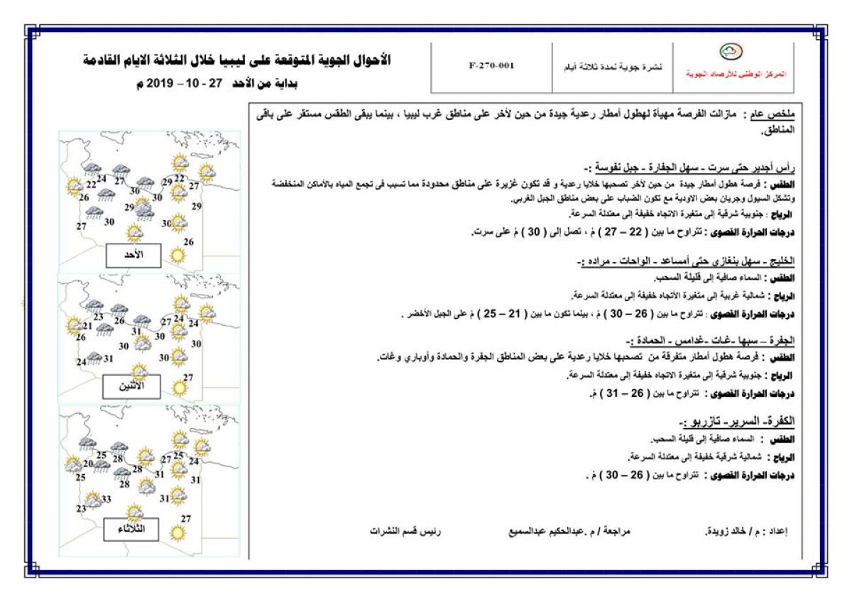 النشرة الجوية ليوم الأحد الموافق 27 – 10 – 2019 الصادرة عن المركز الوطني للأرصاد الجوية