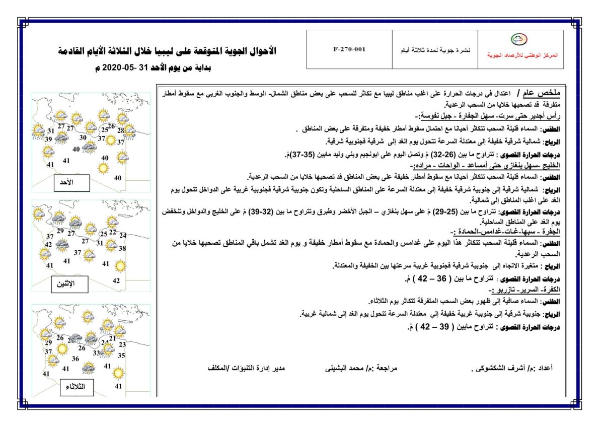 النشرة الجوية ليوم الأحد الموافق 31 – 05 – 2020 الصادرة عن المركز الوطني للأرصاد الجوية