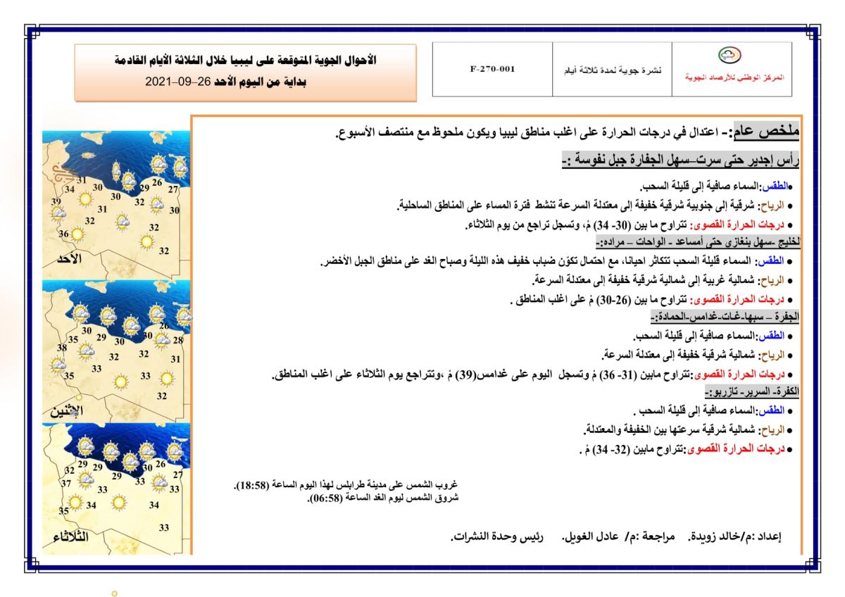 النشرة الجوية ليوم الأحد الموافق 26– 09 – 2021 الصادرة عن المركز الوطني للأرصاد الجوية