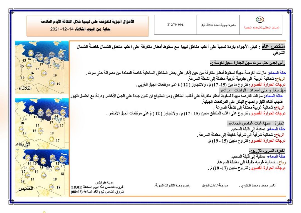 النشرة الجوية ليوم الثلاثاء الموافق 14 – 12 – 2021 الصادرة عن المركز الوطني للأرصاد الجوية