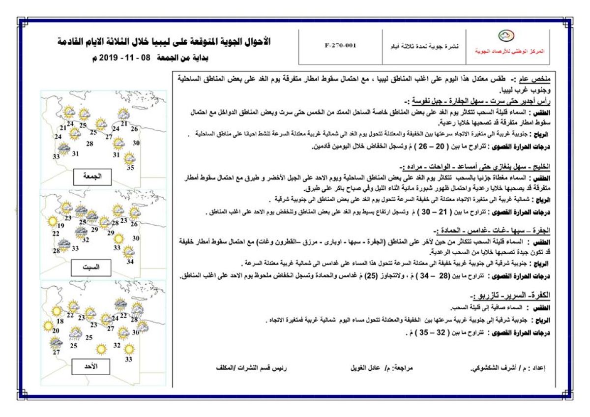 النشرة الجوية ليوم الجمعة الموافق 8 – 11 – 2019 الصادرة عن المركز الوطني للأرصاد الجوية