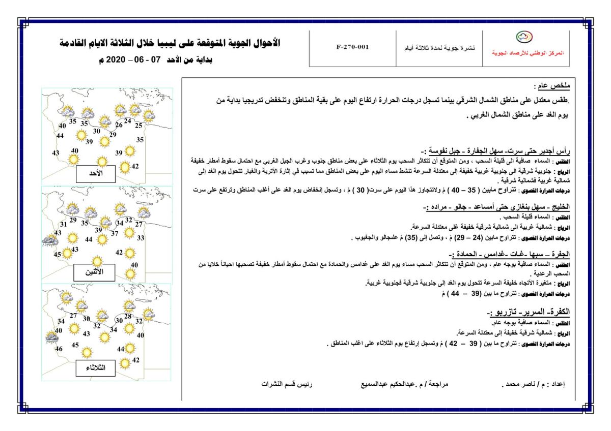 النشرة الجوية ليوم الأحد الموافق 07 – 06 – 2020 الصادرة عن المركز الوطني للأرصاد الجوية