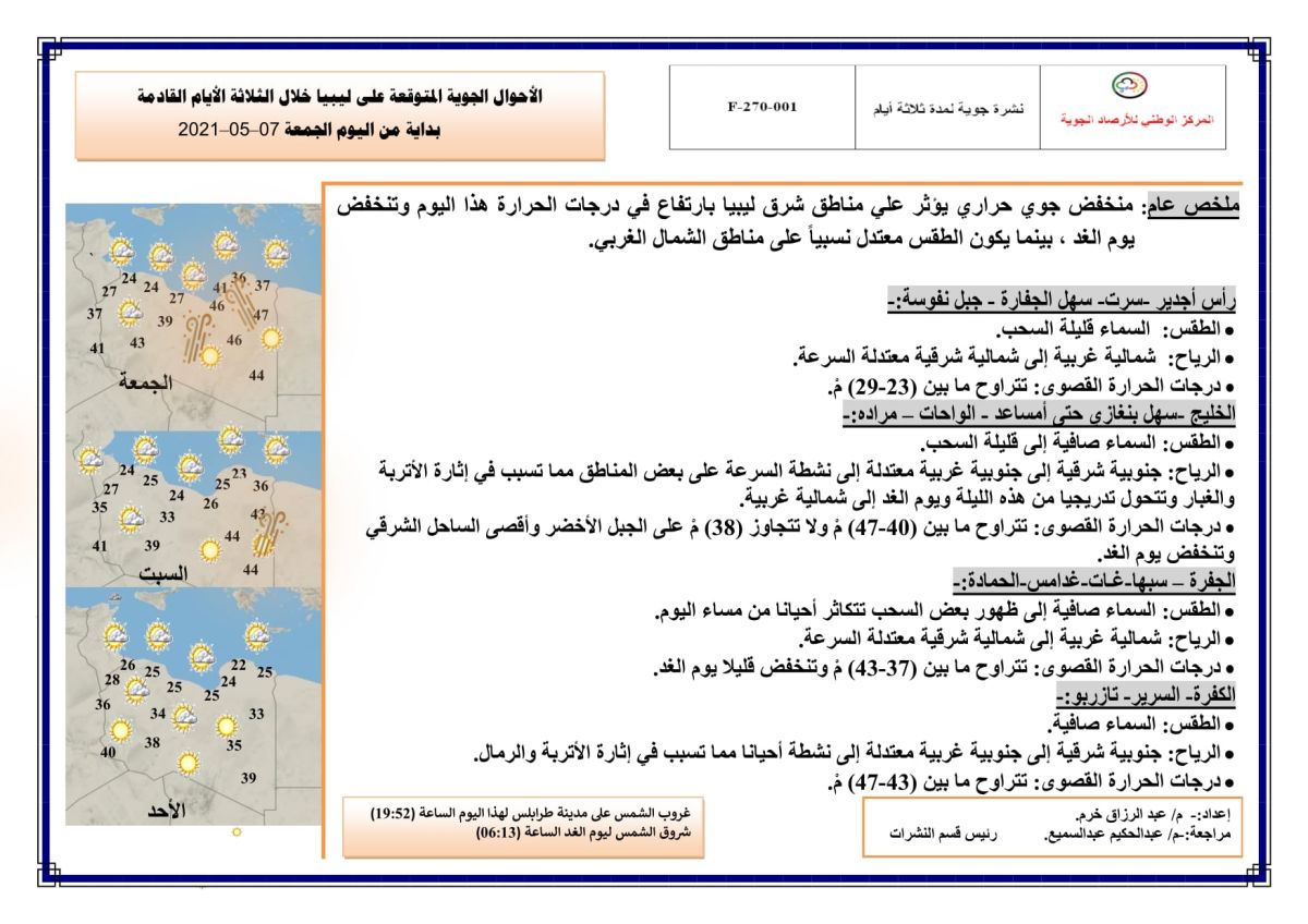 النشرة الجوية ليوم الجمعة الموافق 07 – 05 – 2021 الصادرة عن المركز الوطني للأرصاد الجوية