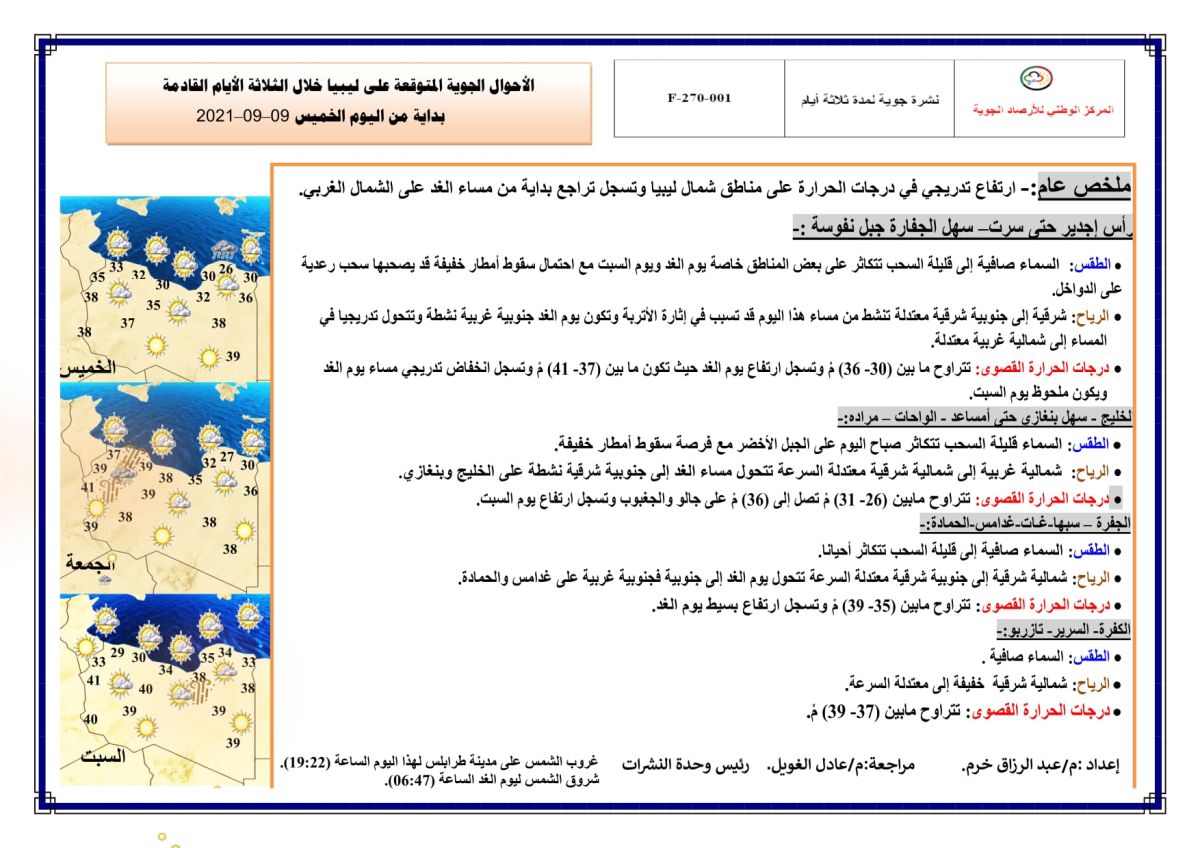 النشرة الجوية ليوم الخميس الموافق 09– 09 – 2021 الصادرة عن المركز الوطني للأرصاد الجوية