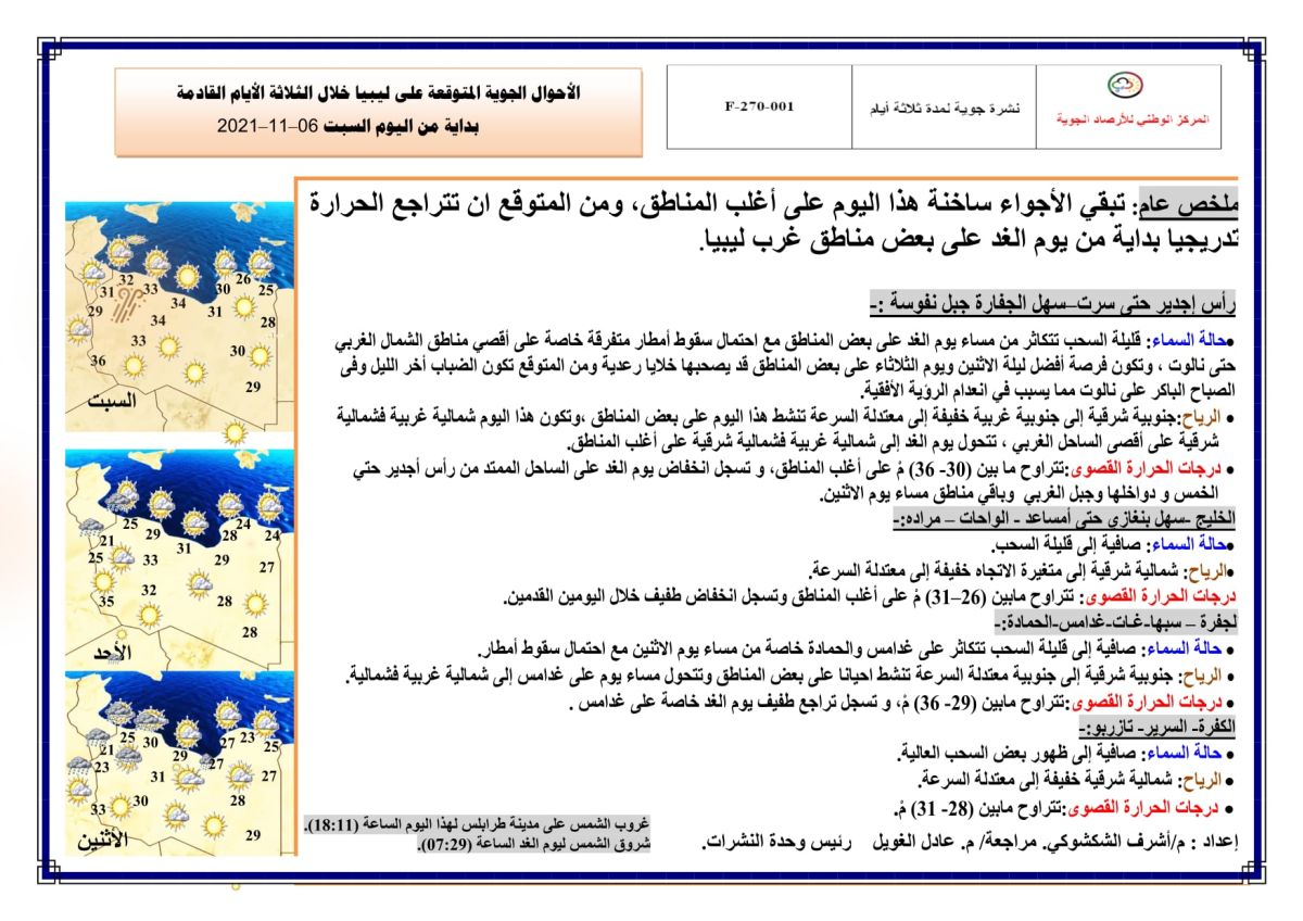 النشرة الجوية ليوم السبت الموافق 06 – 11 – 2021 الصادرة عن المركز الوطني للأرصاد الجوية