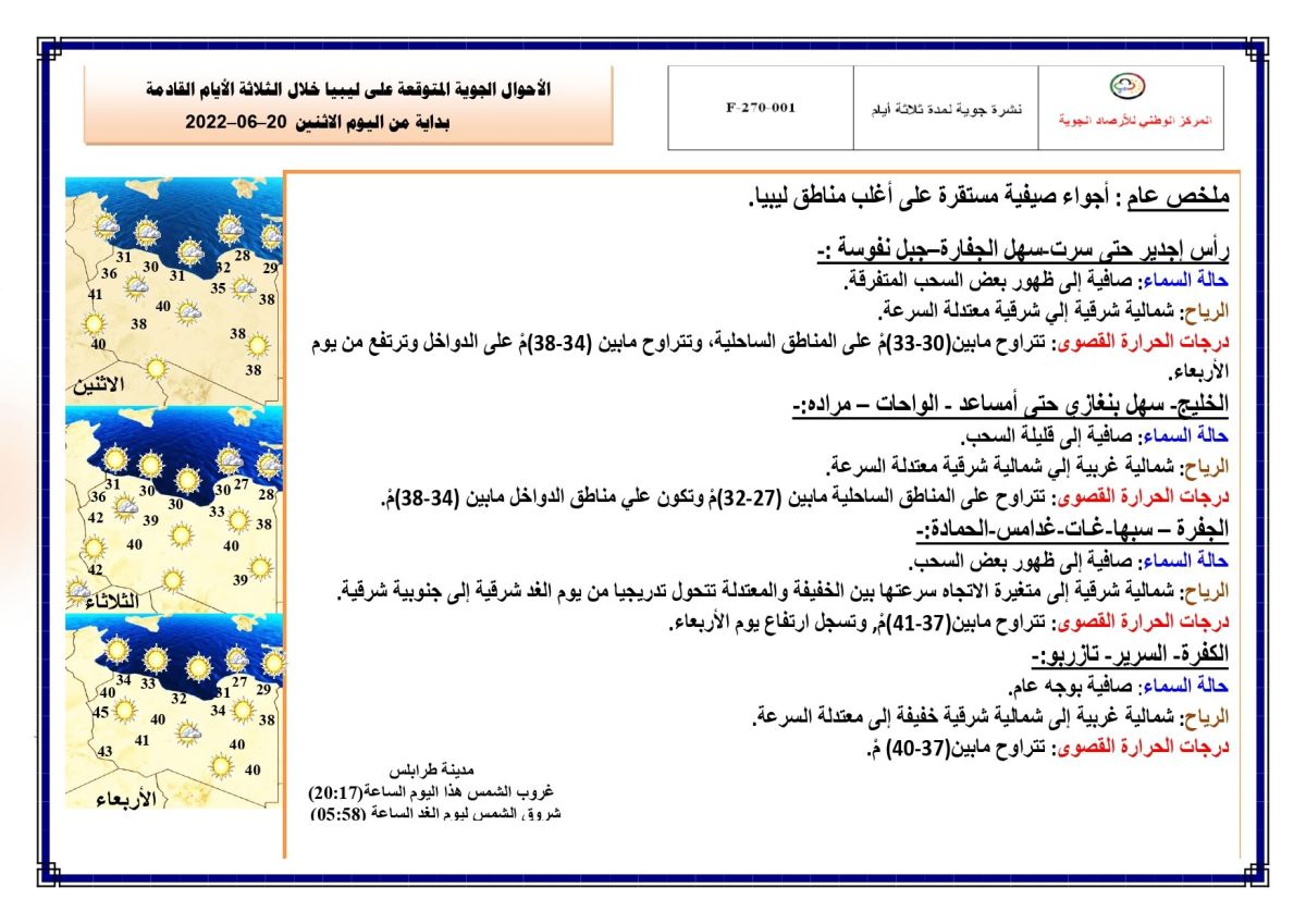 النشرة الجوية ليوم الاثنين الموافق 20 – 06 – 2022 الصادرة عن المركز الوطني للأرصاد الجوية