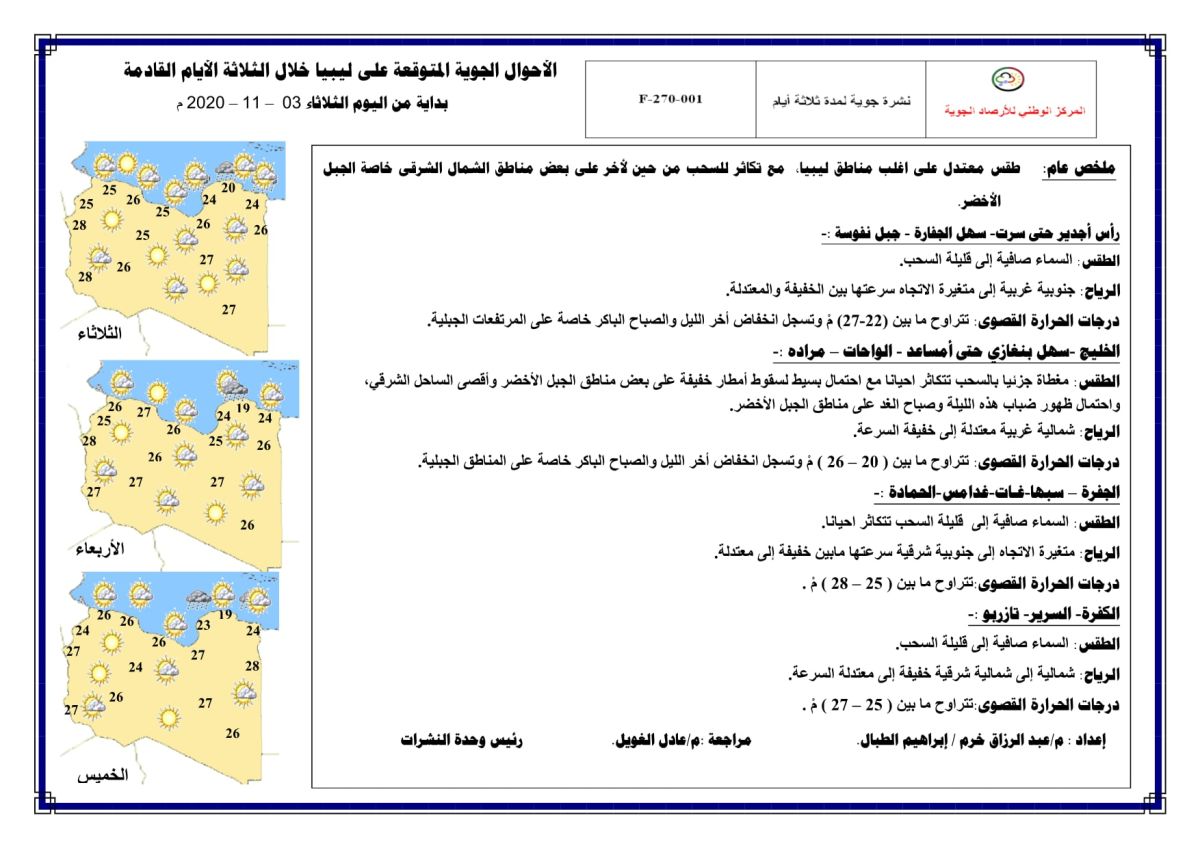 النشرة الجوية ليوم الثلاثاء الموافق 3 – 11 – 2020 الصادرة عن المركز الوطني للأرصاد الجوية