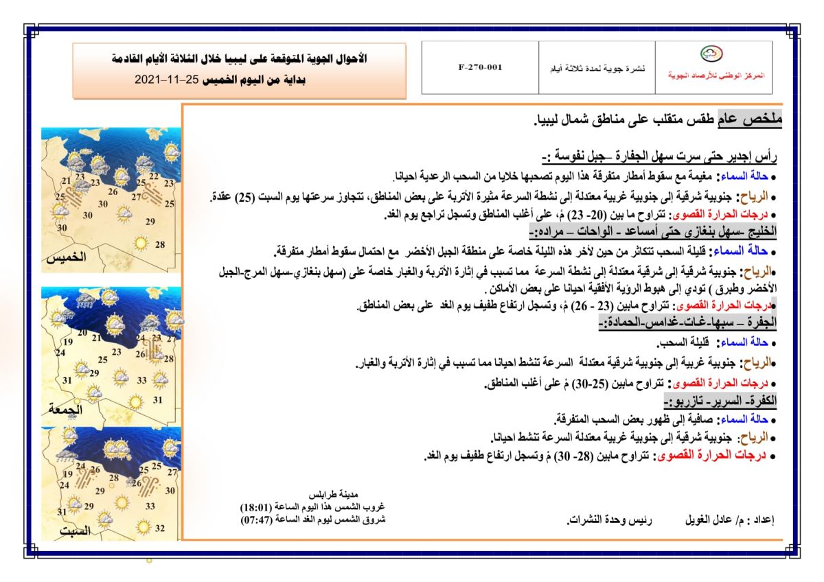 النشرة الجوية ليوم الخميس الموافق 25 – 11 – 2021 الصادرة عن المركز الوطني للأرصاد الجوية