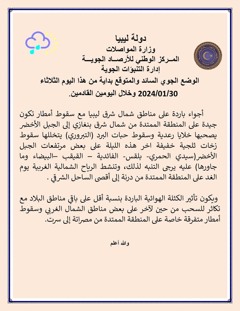 النشرة الجوية ليوم الثلاثاء الموافق 30– 01– 2024 الصادرة عن المركز الوطني للأرصاد الجوية