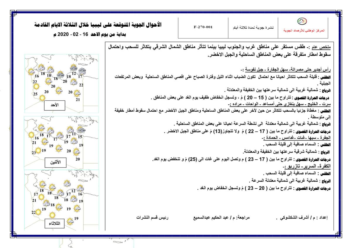 النشرة الجوية ليوم الأحد الموافق 16 – 02 – 2020 الصادرة عن المركز الوطني للأرصاد الجوية