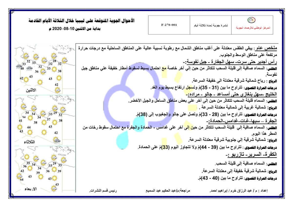 النشرة الجوية ليوم الاثنين الموافق 10 – 08 – 2020 الصادرة عن المركز الوطني للأرصاد الجوية