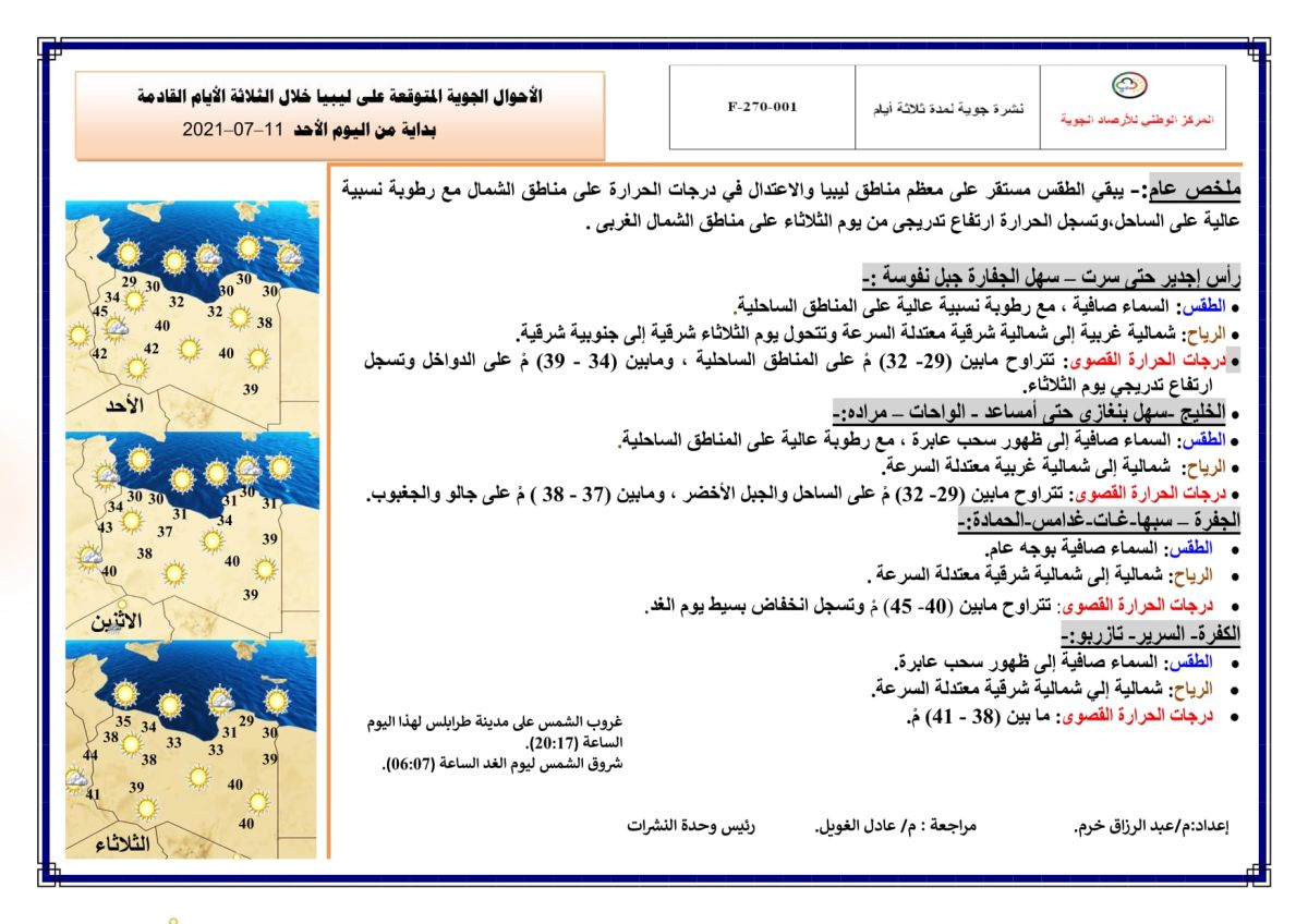 النشرة الجوية ليوم الأحد الموافق 11 – 07 – 2021 الصادرة عن المركز الوطني للأرصاد الجوية