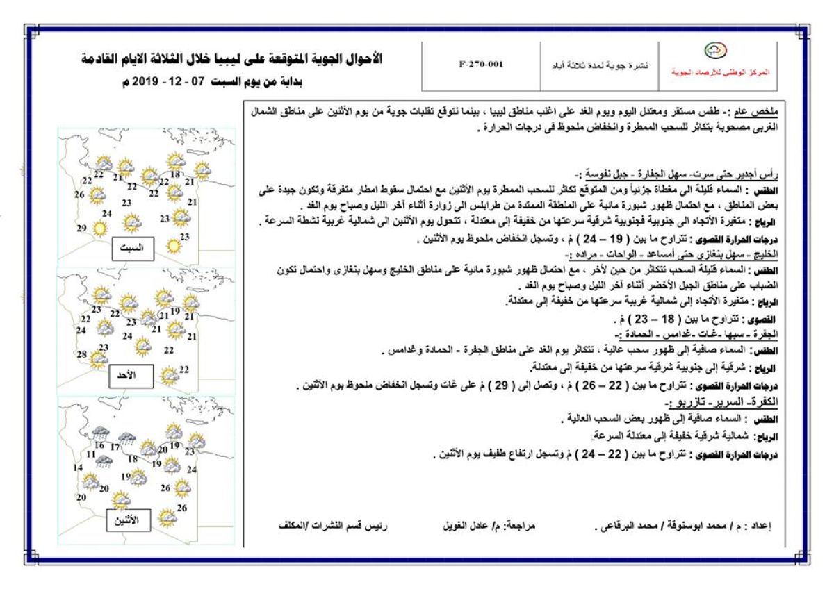 النشرة الجوية ليوم السبت الموافق 7 – 12 – 2019 الصادرة عن المركز الوطني للأرصاد الجوية