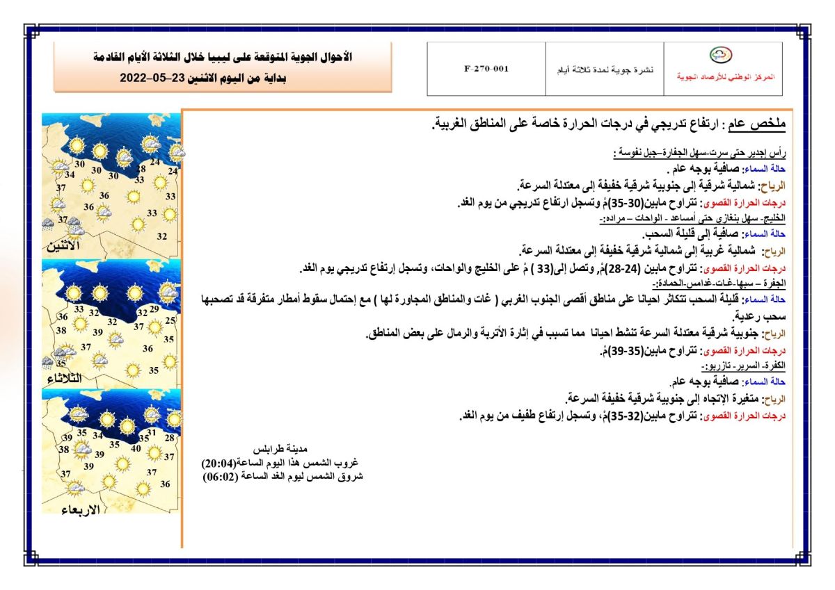 النشرة الجوية ليوم الاثنين الموافق 23 – 05 – 2022 الصادرة عن المركز الوطني للأرصاد الجوية